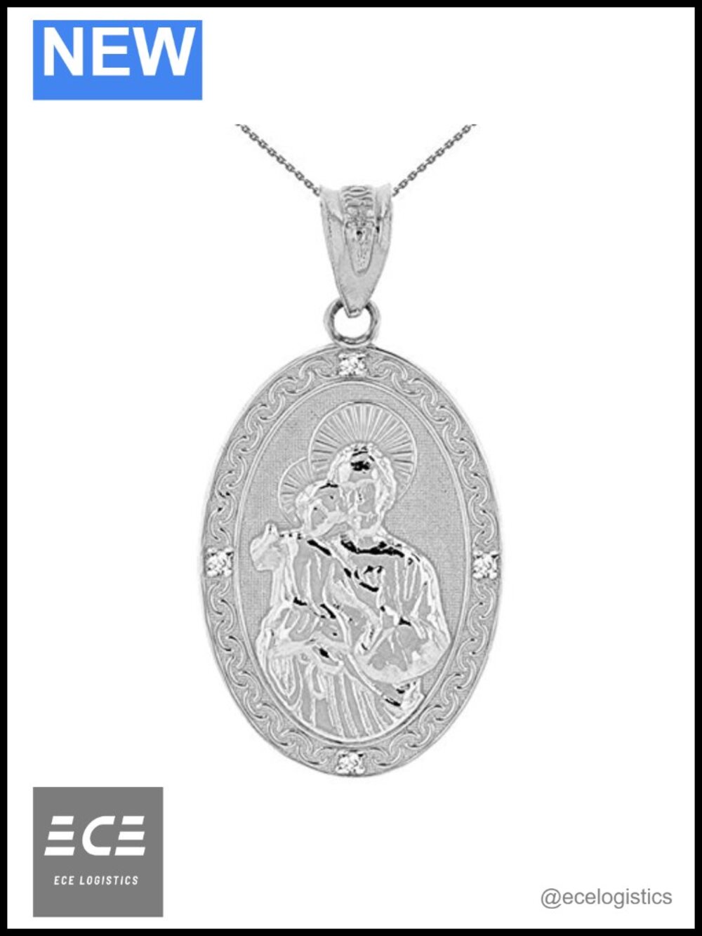 925 Sterling Silver CZ St Joseph Oval Medal Pendant Necklace 18"